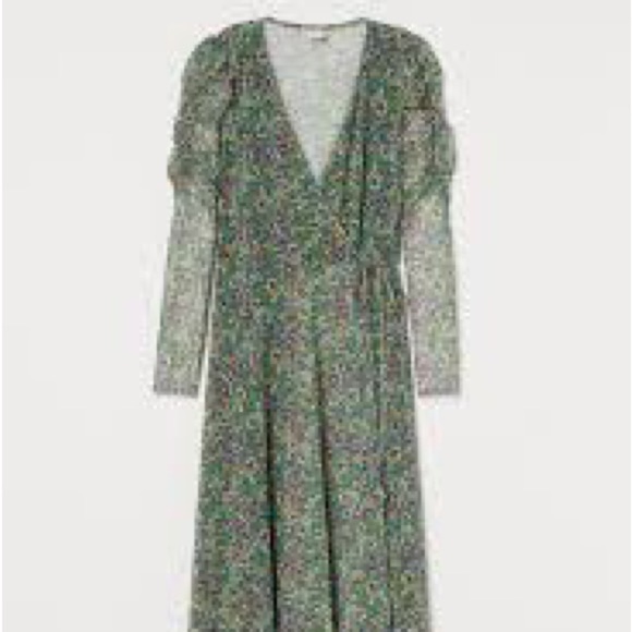 H&M Green Floral Long Sleeve Mesh Wrap Dress Size Small - Picture 1 of 9